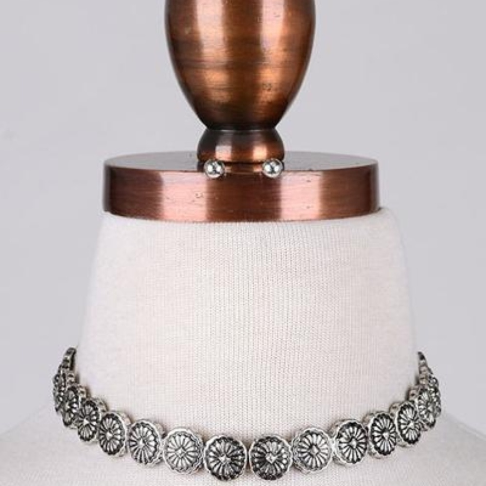 New Sunburst Etched Choker Necklace Antique Silver